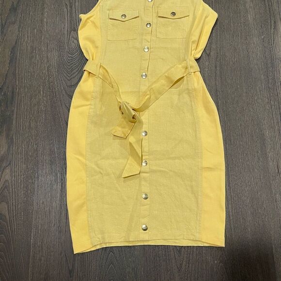 NWOT Guess Los Angeles Linen Blend Yellow Collared Utility Tie Waist Dress Sz M - Picture 2 of 9